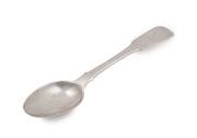 UNKNOWN MAKER early Colonial silver fiddle pattern teaspoon, most likely Sydney origin, circa 1830, marks rubbed but partially legible, ​​​​​​​13.5cm long, 23 grams.