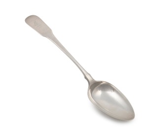 RICHARD LAMB Colonial Australian silver fiddle pattern tablespoon with engraved crest (possibly SAMUEL CLAYTON the engraver and silversmith), Sydney origin, circa 1840, stamped "R.L." crowned leopard, over stamped "G", lion passant, date letter "R", and monarch's head, 22.5cm long, 68 grams.