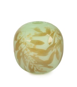 AMANDA LOUDEN wattle pattern Australian cameo glass vase on opaque green ground engraved "Amanda Louden", ​​​​​​​11.5cm high.
