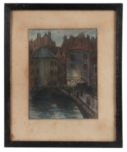 JANET CUMBRAE-STEWART (1883-1960), Night on Custom House Bridge..., pastel on paper, signed lower left "Cumbrae-Stewart, '24", titled verso in the artist's hand with original pricing, 23 x 18cm, 37 x 30cm overall.