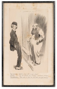 NORMAN LINDSAY(1879-1969), original pen and ink black and white cartoon artwork signed upper right "NORMAN LINDSAY" and bearing a somewhat antisemitic caption "The Inebriated - Gotter clean shirt in yer shop?. Cohen - Vy of course my friend. Dothens of th