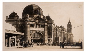 MELBOURNE: A collection of early postcards (many RPs), mainly featuring the CBD, but also some suburbs (St Kilda, Sandringham, Fitzroy); noted a series on Melbourne University (13) and a 1920s view of Flinders Street Station emblazoned with clearly legibl