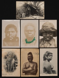 INDIGENOUS AUSTRALIANS - PORTRAITS: Group of postcards, including several RPs, comprising "Trucaninni - The last of her race", "King Billy", "Jonomy King", "Jacky from Oodnadatta", "King Jimmy" (wearing a King Plate), and two others. (7 items)