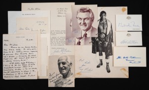 AUTOGRAPHS - AUSTRALIAN PRIME MINISTERS & OTHERS: Eighteen signatures on photograph, letterhead, or piece, including Gough Whitlam, Bob Hawke (2), John McEwen, and Malcolm Fraser, as well as Baron Casey, Jack Lang, Joh Bjelke-Petersen, Gordon Chater, Jim 