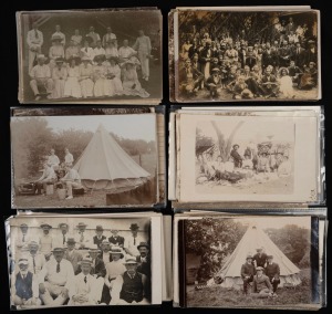 AUSTRALIAN SOCIAL GATHERINGS: A fascinating collection composed entirely of c. 1910s and 1920s real photo postcards, featuring Australian Rules football, tennis, rowing, and social club group portraits, equestrian events, families on picnic, horses and bu