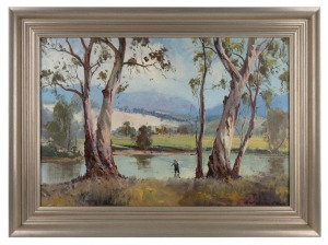 WYKEHAM PERRY (1936-2021), "Fly Fisherman", oil on board, signed lower right, 41 x 60cm; 54 x 73cm overall.