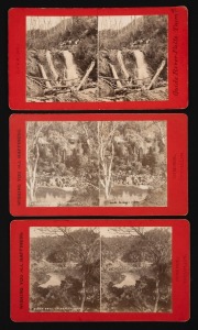 [TASMANIAN INTEREST] A group of stereo-viewcards handstamped or impressed "E. CUMINGS, TREVALLYN"; being views of Cataract Gorge, Guide River Falls, and the Tea Gardens, Cataract Gorge; the photographic prints mounted on red cards. (3 items). Ebenezer 