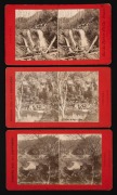 [TASMANIAN INTEREST] A group of stereo-viewcards handstamped or impressed "E. CUMINGS, TREVALLYN"; being views of Cataract Gorge, Guide River Falls, and the Tea Gardens, Cataract Gorge; the photographic prints mounted on red cards. (3 items). Ebenezer 