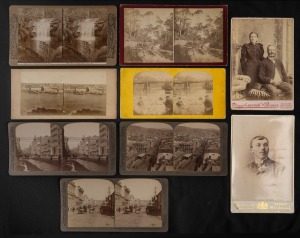 Several stereoview cards by various photographers, including "Leura Falls" (Kerry), "The St. George Falls, Lorne" (Rose), "Hobart" (Underwood), Melbourne (Underwood), plus a couple of cabinet-card portraits, etc. circa 1870s-90s. (9 items).