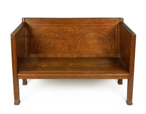 JOHN MASON rare Australian parquetry settle, handsomely crafted in various Queensland forest timbers including cedar, pine and others, Maryborough, Queensland, late 19th century, 87cm high, 128cm wide, 67cm deep.