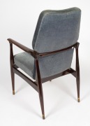 A pair of stained and polished teak armchairs, upholstered in blue velvet, possibly designed by FRED LOWEN for Australian furniture company FLER, mid 20th century, 59cm across the arms. Note: These were executive boardroom chairs from the G.J. Coles head - 3