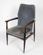 A pair of stained and polished teak armchairs, upholstered in blue velvet, possibly designed by FRED LOWEN for Australian furniture company FLER, mid 20th century, 59cm across the arms. Note: These were executive boardroom chairs from the G.J. Coles head - 4