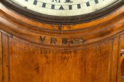 CULGOA RAILWAY STATION rare antique Australian drop dial railway master clock in figured huon pine case, weight driven seconds beating movement with deadbeat escapement and maintaining power. The dial marked "T. GAUNT". Original cast iron bezel, painted d - 2