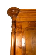An antique Australian huon pine three door breakfront wardrobe with bevelled mirror plate central door, arched pediment and full-length carved and fluted columns, circa 1870, ​​​​​​​234cm high, 220cm wide, 73cm deep. - 3