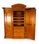 An antique Australian huon pine three door breakfront wardrobe with bevelled mirror plate central door, arched pediment and full-length carved and fluted columns, circa 1870, ​​​​​​​234cm high, 220cm wide, 73cm deep. - 6