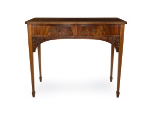 De GROOT of Sydney antique hall table in the Georgian style with serpentine front, crafted from Queensland maple and imported flame mahogany, early 20th century, bearing maker's plaque "De GROOT, Maker of Fine Furniture & Fittings, Sydney", 87cm high, 106cm wide, 59cm deep".