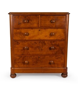 An antique Australian huon pine chest of five drawers with kauri pine secondary timbers, Melbourne origin, circa 1875, 120cm high, 108cm wide, 53cm deep.