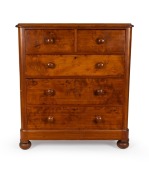 An antique Australian huon pine chest of five drawers with kauri pine secondary timbers, Melbourne origin, circa 1875, 120cm high, 108cm wide, 53cm deep.