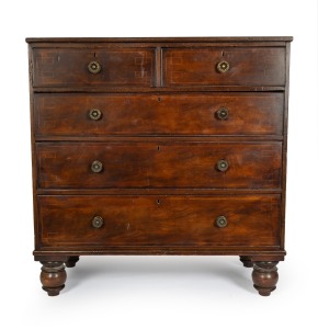 An early Colonial Australian chest of five drawers of full cedar construction with inverted Greek key pine stringing and cock-beaded drawer edge, substantial turned bun feet with ebonised highlights, the top edge with stained pine string inlay, New South Wales origin, circa 1825, 122cm high, 120cm wide, 58cm deep.