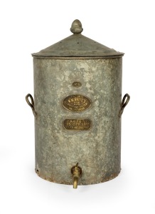 W. M. WHITE'S LIMESTONE FILTER, MELBOURNE antique galvanised metal water filter with original lid and plaques bearing City Road, South Melbourne address, 19th century, 58cm high.