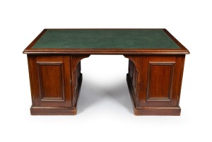MELBOURNE SUPREME COURT antique Australian twin pedestal blackwood partners desk with later leatherette inset, cedar and pine secondary timbers, 19th century, 75cm high, 166cm wide, 106cm deep.