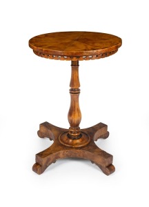 An antique huon pine wine table with centurion skirt, turned column and platform base, Tasmanian origin, 19th century, 70cm high, 49cm diameter.
