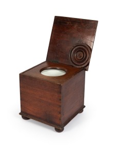 A Colonial Australian cedar commode with exposed dove-tail construction, original fitted interior and porcelain liner, 19th century, 45cm high, 44cm wide, 44cm deep.