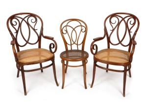 A pair of antique Continental bentwood carver chairs; together with a similar dining chair, manufactured by Kohn and Fischel, 19th century, (3 items), the carvers 56cm across the arms.
