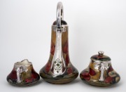MOORCROFT "Claremont" stunning three piece tea service on rare celadon and tan ground with Art Nouveau sterling silver overlay made for SHREVE & CO. of San Francisco, the teapot signed "W. Moorcroft, Shreve & Company, San Francisco", sugar basin and jug b - 2