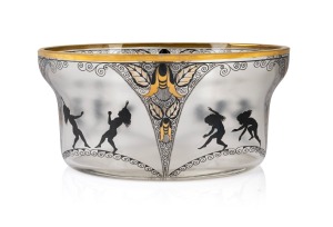 ADOLF BECKERT (Glasfachschule Steinsch&ouml;nau), Bohemian art glass bowl with black enamel silhouette decoration and gilt highlights, early 20th century, 12cm high, 24cm wide.
