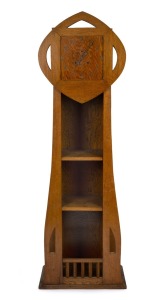 448 · An Arts & Crafts English oak long case clock with eight day time and bell strike spring driven American movement, 19th/20th century, ​​​​​​​191cm high.
