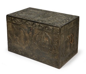 155 · An antique Burmese carved timber trunk, adorned with elephants and hunting scenes, 19th century, 53cm high, 84cm wide, 51cm deep.