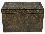 An antique Burmese carved timber trunk, adorned with elephants and hunting scenes, 19th century, 53cm high, 84cm wide, 51cm deep. - 2