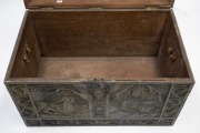 An antique Burmese carved timber trunk, adorned with elephants and hunting scenes, 19th century, 53cm high, 84cm wide, 51cm deep. - 3