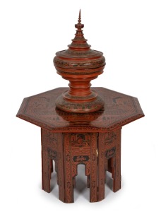 177 · A vintage Burmese lacquer ware folding table with octagonal top; together with a Burmese lacquer ware offering box (Hsun-ok), 20th century, (2 items), 56cm and 58cm high.
