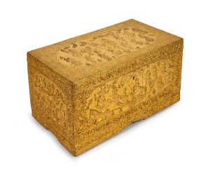 161 · A vintage Burmese carved wood and gilt finished box, early 20th century, 40cm high, 70cm wide, 40cm deep.