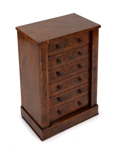 An antique English burr walnut and kingwood six drawer miniature Wellington chest, 19th century, 64cm high, 43cm wide, 27cm deep.