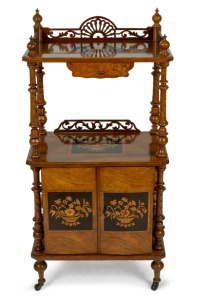 An antique English walnut side cabinet with floral marquetry panel doors and turned column supports, 19th century, 114cm high, 55cm wide, 36cm deep.
