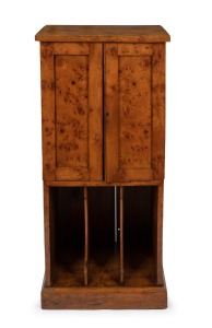 A vintage record cabinet finished in burr elm, circa 1920s, 109cm high, 49cm wide, 38cm deep.