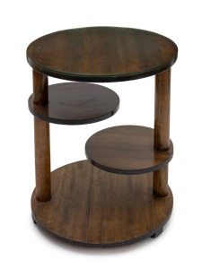 An Art Deco circular walnut four tier occasional table with glass top, mid 20th century, 67cm high, 56cm diameter.
