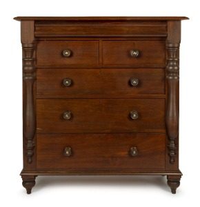 A rare Colonial jarrah chest of five drawers with turned split column decoration and mother of pearl inset handles, Baltic pine secondary timbers, Western Australian origin, circa 1870, 122cm high, 121cm wide, 53cm deep.