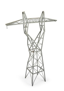 A vintage galvanized metal scale model of a high voltage transmission tower, 20th century, 134cm high, 100cm wide.