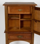 TREEDE & PRENZEL (attributed) antique Australian Arts & Crafts freestanding smoker's cabinet, constructed from silky oak, eucalypt and blackwood, cupboard with fitted interior, single drawer to the front and lower shelf, cabinet door with Gothic stylised - 2