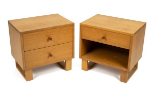 SCHULIM KRIMPER vintage pair of "his and hers" Tasmanian oak bedside chests with myrtle secondary timbers; together with the matching Tasmanian oak and rattan double bed head, circa 1949, (3 items), the bedsides 48cm high, 50.5cm wide, 35cm deep.