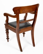 An antique Australian cedar spade back carver chair with turned legs and black leather upholstery, mid 19th century, 94cm high, 52cm across the arms. - 2