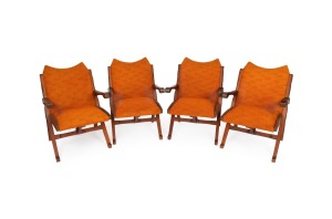 SOL SHAPIRO set of four carved teak armchairs with original orange upholstery, circa 1960s,