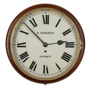 ANGELO TORNAGHI antique station clock with English single train fusee movement and Roman numerals, 19th century, ​​​​​​​36cm high, 12" bezel.