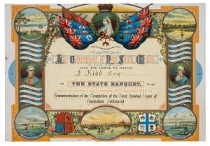 The HON. JOHN KIDD (1838-1919) official invitations to The State Banquet, Sydney, 26th January 1888; The Australian Commonwealth Celebrations Royal Review, Flemington 10th May 1901; Parliamentary Reunion at Parliament House, Sydney, 22nd May 1906; and a 