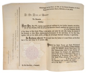 Two original vellum documents, completed in manuscript, appointing JOHN KIDD to membership of the Executive Council of New South Wales in October 1891 and the other one appointing him to the position of Postmaster General of the Colony of New South Wales,