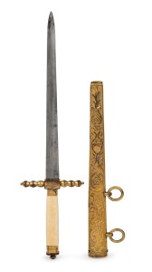 A Georgian naval Officer's dirk with ivory handle and ornate gilt metal scabbard, circa 1800, 27cm long.